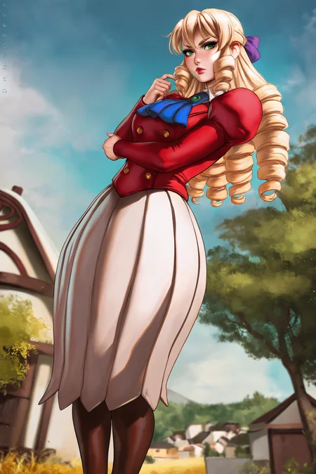 masterpiece, best quality,  absurdres, highres, cinematic light, 1girl, solo, <lora:grace_auverne:1> grace_wz, blonde hair, long hair, drill hair, drill sidelocks, hair bow, purple bow, lipstick, green eyes, school uniform, red blazer, long skirt, white skirt,  pleated skirt,  blue ascot, puffy sleeves, ringlets, long sleeves, formal clothes, standing, looking at viewer,  knee boots, brown boots, rural, town,  nature, blue sky, dandon fuga, from below