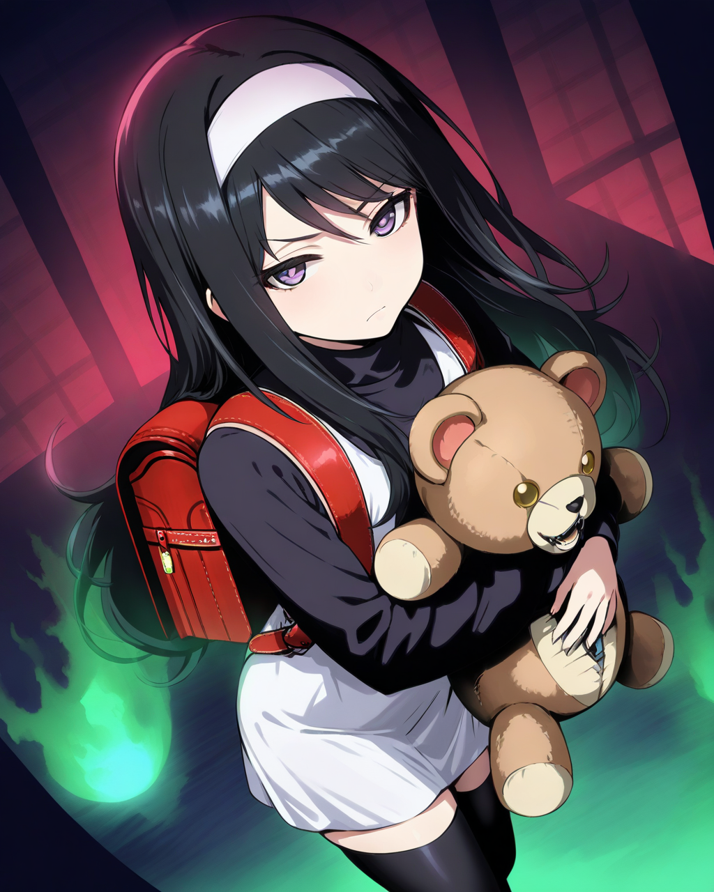1girl,
SakoErikaDevilSummoner,
safe, solo, perspective, dutch angle, from above,
long hair, black hair, hairband,
beautiful eyes, looking at viewer, frown,
white dress, turtleneck, long sleeves,
black thighhighs, zettai ryouiki, randoseru,
holding stuffed toy, teddy bear,
room,
blood, ethereal mist, dim lighting, sinister shadows,
low key lighting, deep shadows, flickering light,
<lora:kp_SakoErikaDevilSummonerAnimagineXL_v1_0:1.0>
masterpiece, high score, great score, absurdres