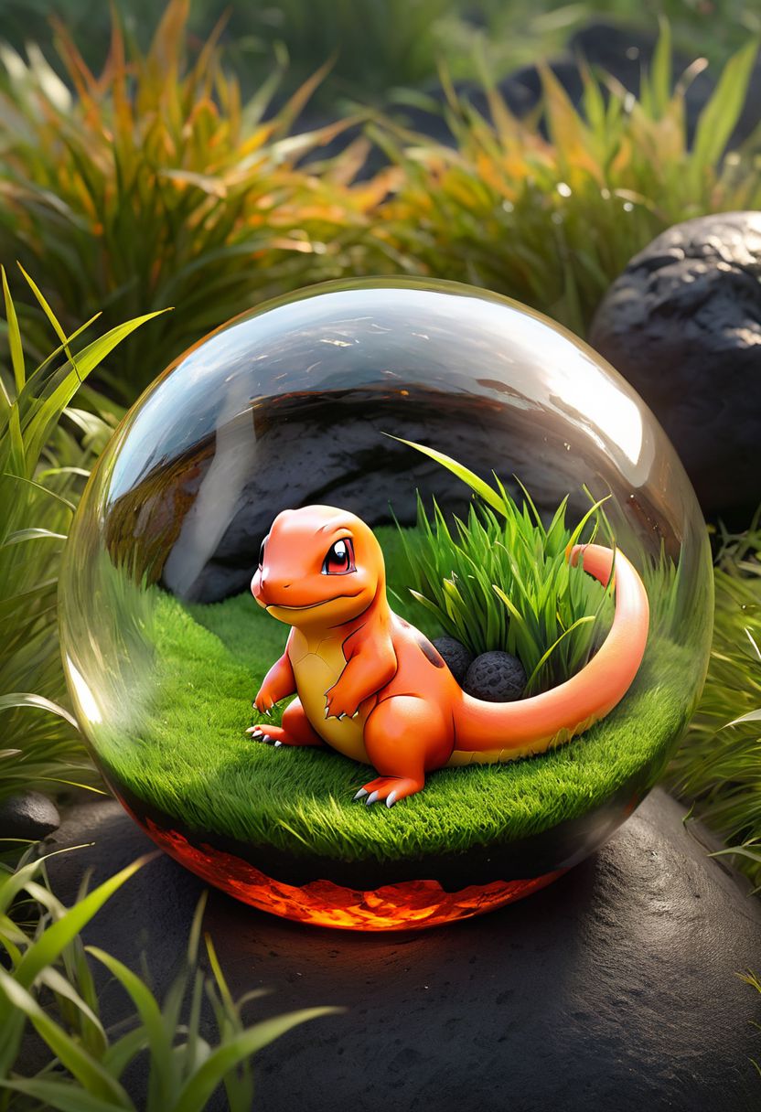 Charmander sleeping in a patch of grass within a glass poké ball. surrounded with lava painted on molten rock, vibrant, photo realism, Masterpiece, 8k, 32k, best quality, ultra detailed, best artist, micro details, sharp edges, detailed textures, full body shot, atmospheric lighting, visually stunning, perfect composition, trending on artstation