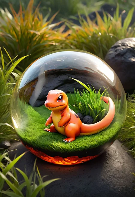 Charmander sleeping in a patch of grass within a glass poké ball. surrounded with lava painted on molten rock, vibrant, photo realism, Masterpiece, 8k, 32k, best quality, ultra detailed, best artist, micro details, sharp edges, detailed textures, full body shot, atmospheric lighting, visually stunning, perfect composition, trending on artstation