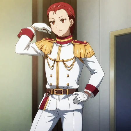 <lora:Tomo_pony_v1:.8>TomoPrince, epaulettes, red hair, white gloves, short hair, uniform, brown eyes, pants, cowboy shot