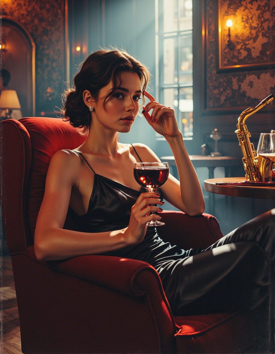 A detailed painting by Yang J, cgsociety competition winner, serial art, opening scene, cover illustration

((Audrey Kathleen Hepburn-Ruston))


In a dimly lit jazz bar, she leans back in a velvet armchair, dressed in a sleek black satin dress, her fingers tracing the rim of a wine glass as she listens to the saxophone's soft melody, her eyes distant, capturing a quiet allure amidst the smoky atmosphere.