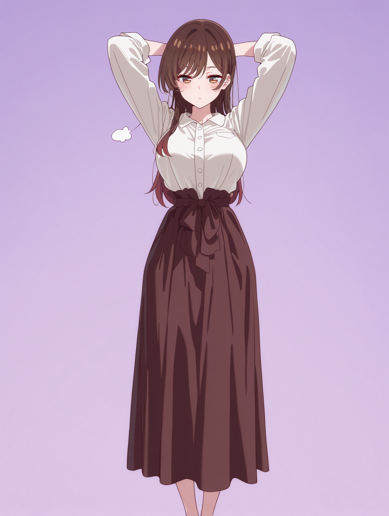 masterpiece,best quality,amazing quality,very aesthetic,absurdres,newest,
front view,full_shot,Sigh of relief,
ChinoseChizuruCYQL,1girl,solo,brown hair,long hair,bangs,brown eyes,large breasts,Vintage-inspired shirtwaist dress with a button-down front and waist tie,
full body,standing,arms_behind_head,,
violet background,simple background,
usnr,748cmstyle,<lora:USNR STYLE_XL_loha:0.45>,<lora:spo_sdxl_10ep_4k-data_lora_webui:0.6>,<lora:illustrious_all_rated_v1:0.6>,<lora:748cmSDXL:0.6>,<lora:illustrious_quality_modifiers_masterpieces_v1:0.8>,<lora:ChinoseChizuruCYQL:1>,