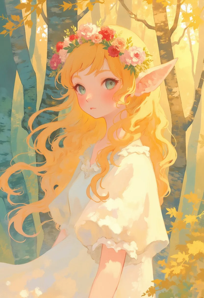 closeup of a beautiful elven princess. Elf ears. Wearing a flowercrown, stunning blue eyes, white silken dress. In an enchanted forest,soft pastel anime