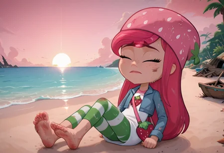 1girl, solo,Strawberry_Shortcake, peach skin, freckles, long hair, pink hair, strawberry-shaped beanie, white dress, pink straps, denim jacket, striped leggings, strawberry-shaped satchel, in the style of cksc, barefoot, feet, (by nekoda (maoda):0.7), detailed feet, Dirty clothing, dirty body, sad face, beach, tropical island, tropical background, shipwreck, closed eyes, chaos. Dead, death