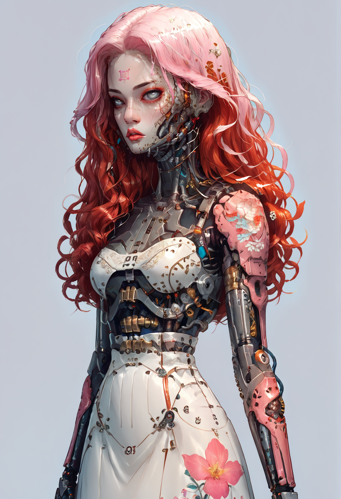 score_9,score_8_up,score_7_up,score_6_up,score_5_up,score_4_up,1 girl,solo,female focus,looking at the spectator,(Oval face, grey eyes, thin lips, long wavy red hair, 5'7", 128 lbs, medium breasts, narrow waist, slim build, a mandala tattoo on the upper back, pale skin with a pink undertone, high forehead, and a sharp nose.:1.3),(A gold lace bra paired with a black puffy mini skirt, and finished with bold gold high heels on a platform, featuring exquisite lace designs and a skirt made of rich velvet fabric, providing a luxurious and captivating look.:1.3),(plain contrasting background:1.3),(full-length:1.5),hands,Perfect hand,Perfect feet,Perfect eyes,cyb0rg,science fiction,cable,mechanical parts,<lora:feet v3:1>,<lora:hand 4:1>,<lora:PerfectEyesXL:1>,zPDXL2,zPDXLpg,<lora:cyb0rgXLP:0.8>,<lora:add-detail-xl:1>,<lora:DP-Pony:1>,p33rs,<lora:incase-ilff-v3-4:0.2>,