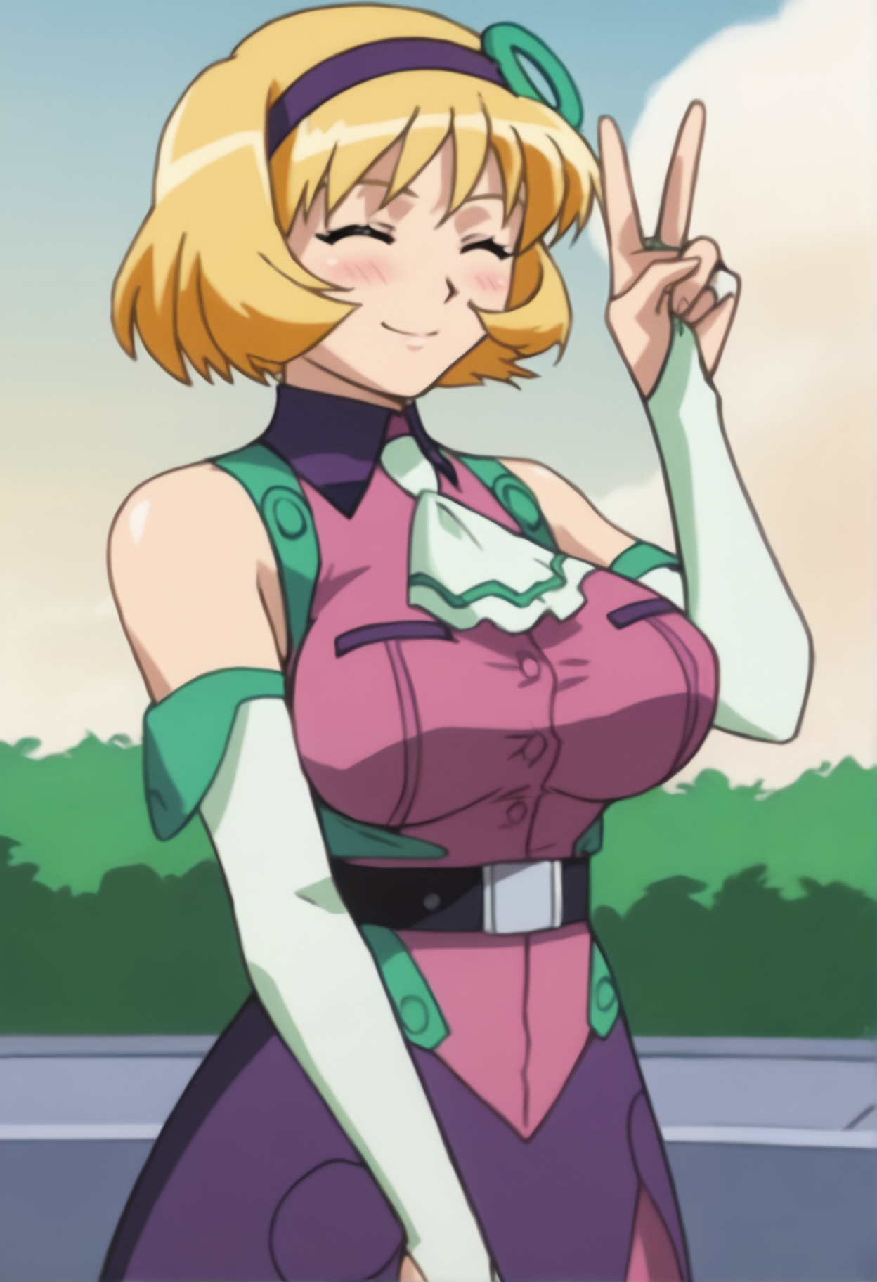 score_9_up, source_anime, belvedere_coco, smile. short hair, blonde hair, 1girl, solo. bare shoulders, hairband, closed eyes, v. blush. gloves, elbow gloves, ascot, detached sleeves, bridal gauntlets, breasts, fingerless gloves. sleeveless, bob cut, necktie, belt, dress, hair ornament, large breasts,