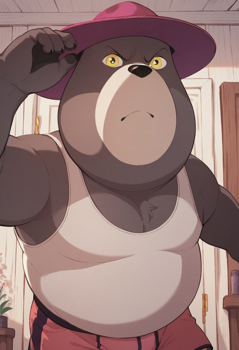 score_7_up, score_8_up, score_9, Bear, brown fur, yellow eyes, chubby, male, White tank top, boxers, pink hat, face shot, looking at viewer,