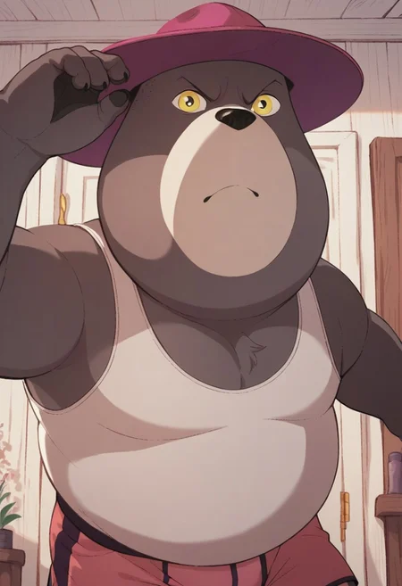 score_7_up, score_8_up, score_9, Bear, brown fur, yellow eyes, chubby, male, White tank top, boxers, pink hat, face shot, looking at viewer,