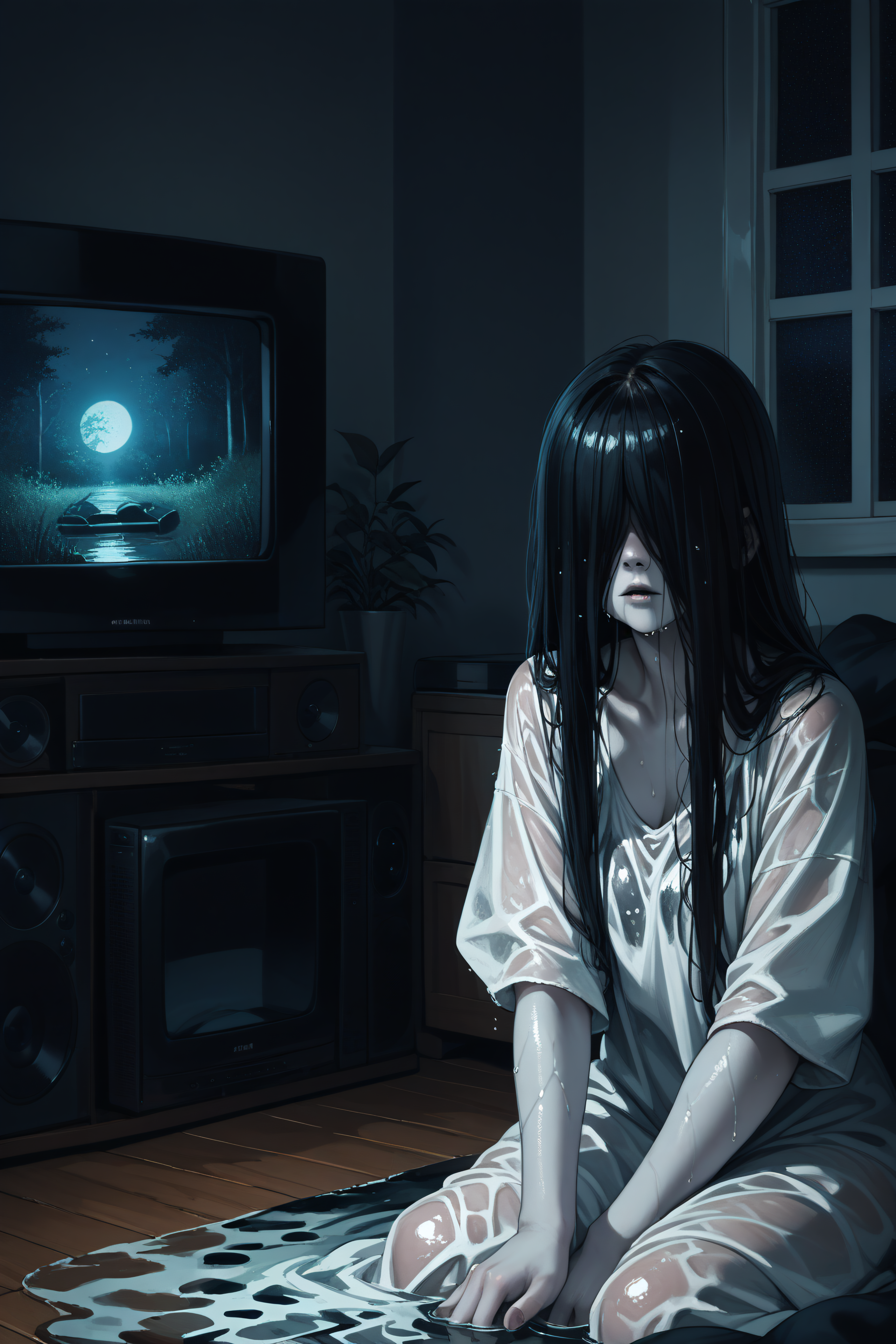 score_9, score_8_up, score_7_up, score_6_up, source_anime, <lora:yamamura sadako-PonyXL-lora-Faxtron:1> yamamura sadako, hair over eyes, black hair, long hair, pale skin, white dress, wet clothes, horror \(theme\),  television, night,