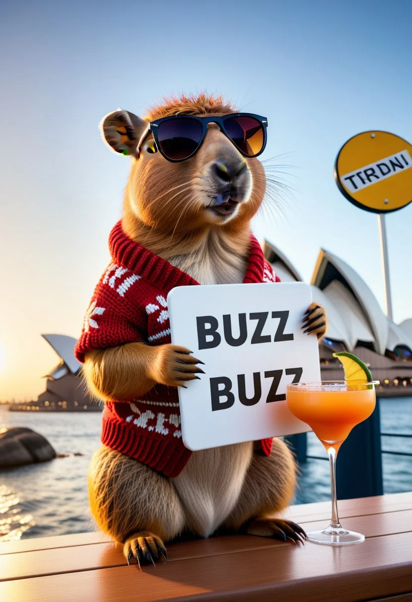 a photorealistic photograph of a knitted cute Capybara wearing sunglasses. (((wearing a sign that says “Has BUZZ??”, text, the word has Buzz))), The subject is also sipping a refreshing Mai Tai cocktail drink right outside of the Sydney Opera House during sunset. This 4K HD image is Trending on Artstation, featured on Behance, well-rendered, extra crisp, features intricate detail and is in the style of Unreal Engine. <lora:add-detail-xl:1>, <lora:xl_more_art-full_v1:0.75> sunny day