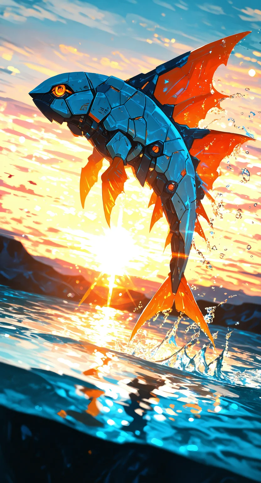 masterpiece, best quality, good quality, very aesthetic, absurdres, newest,solo, full body, from side,blurry, orange eyes, no humans, robot, mecha, science fiction, fish, fins, looking ahead, animal focus, non-humanoid robot, mechanization, machine, robot animal,Water splash, wind,Flying fish, wings, Jump out of the water,Lens Flare,sunrise,Dutch Angle, <lora:spo_sdxl_10ep_4k-data_lora_webui:0.6> <lora:ponyv5_noobV065S_1_adamW-000013:0.7> <lora:USNR_STYLE_XL_lokr:0.45> <lora:backlitILL:0.8> <lora:745cmSDXLvpred75S:0.8>