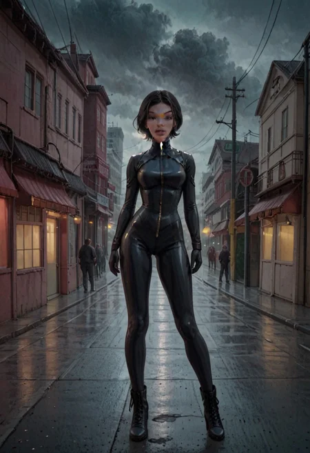 score_9, score_8_up, score_7_up, high quality, very detailed, 1girl, standing on a deserted foggy London street in 1930, it is night, beautiful petite Chinese girl with short black hair in a bobbed cut, brown eyes, wearing black gloves, black leather bodysuit, knee-high high heel laced boots, zipper, black leather domino mask, lone ranger style black leather mask,
BREAK
behind her is an antique car from 1930, nighttime, foggy, city,