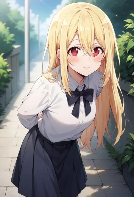 score_9, score_8_up, score_7_up,amane lily, blonde hair, red eyes, 1girl, solo, smile, outdoors, long hair, blush, hair between eyes, arms behind back, looking at viewer, leaning forward, black ribbon, skirt, lamppost