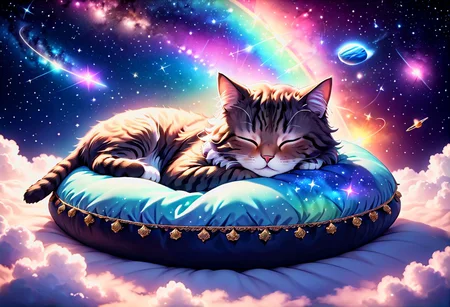 anime style, detailed illustration, a cute sleeping cat, (tabby), extra fluffy, curled up, eyes closed, on floating pillow, cloud, stars, moons, all planets, rainbows, shooting star, comet, galaxies, nebula, [[[[embrace the kitsch]]]], dream, ethereal, misty, calm, soft lighting, Jed-Cosmos, damagedphoto, ((((vignette, black vignette, soft blurred edges))))