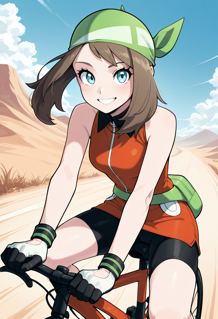 masterpiece, best quality, 1girl, solo, eyelashes, (beautiful eyes), smile, looking at viewer,    zzMayEm, blue eyes, brown hair, medium hair, green bandana, orange dress, bike shorts, sleeveless, gloves, fanny pack, green bag, bike, cycling, dynamic pose, wind in hair, open road. zzMayEm speeds down a desert trail on her bike, wind whipping her bandana as the landscape blurs behind her.    <lora:MayEmeraldPokemon_IXL_v2:1.0>,
