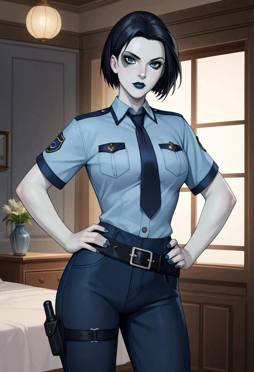 Score_9, score_8up, score_7up , perfect anatomy, cowboy shot), neena thurman, short hair, black hair, blue eyes, colored skin, blue skin, lipstick, black lips, ((looking at viewer)), toned, athletic, standing, hands on hip, indoors, policewoman, police uniform, blue necktie, blue shirt, breast pocket, short sleeves, blue pants, belt