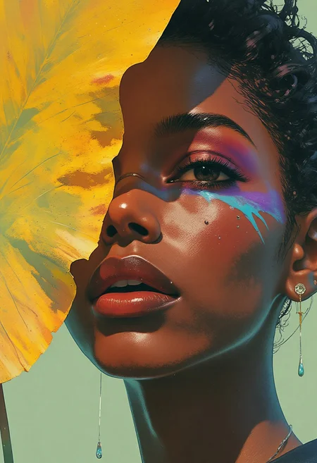 8K, masterpiece, highly detailed, DSLR, close-up photograph of a woman with medium-dark skin tone, likely of African descent. She has a strong, angular jawline and prominent cheekbones, with a piercing nose ring on her right nostril. Her eyebrows are thick and well-groomed, and her almond-shaped eyes are bold with striking electric blue eyeshadow extending from her eyelids to her eyebrows, creating a dramatic contrast. Her lips are full and painted a deep, vibrant purple, enhancing her natural lip color.
The background features a large, golden-yellow leaf partially covering her face, adding a natural and organic element to the composition. The leaf has a textured, slightly crinkled appearance with a soft sheen, contrasting with the smoothness of her skin. The lighting is soft and even, enhancing the contours of her face and the texture of the leaf. The overall aesthetic is modern and artistic, blending nature with a bold, contemporary makeup look. The image captures a moment of intense focus and raw beauty, emphasizing the interplay between the natural and the artificial.