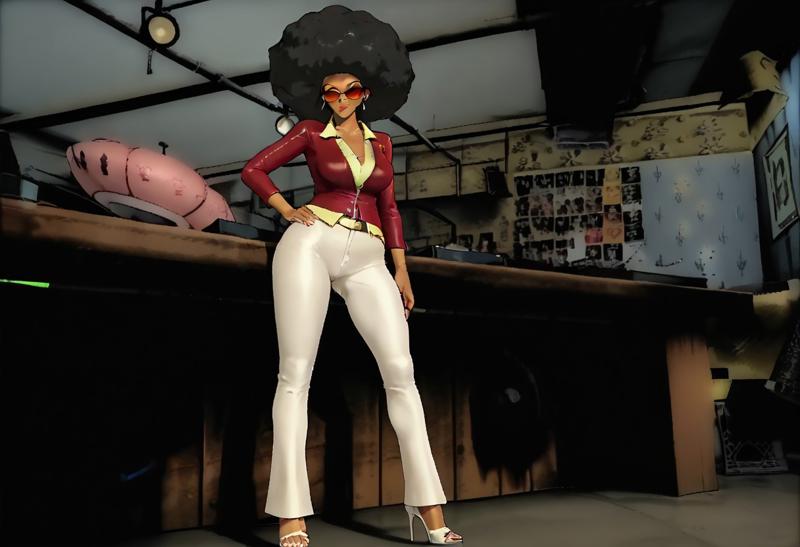 DJ, a woman with a large afro, Scratch: The Ultimate DJ, DJVFunkstress, large breasts, style of jet set radio,, stylish female dj,, afro hairstyle,, sunglasses, ,  bright red jacket,,  yellow blouse,, Tan Skin,, Flare White Pants, , high heels, full body render, best quality, masterpiece, facing the viewer, looking at viewer,