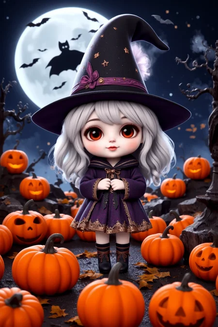 (pretty beautiful cute chibi little witch), color magician clothes, gloves, two legs, (Halloween pumpkins, jack-o-lantern) halloween night, horror, (bats), moon in the sky, portrait, (standing:1.2), happy smiling, red eyes,(very detailed), best quality, sharp focus, old magic books, halloween_atmosphere, halloween_backgrounds, halloween_creatures, halloween_props_decorations, halloween_styles, halloween_weather, halloween_lighting, ethereal lights, backlight, shadows, high contrast, hdr, <lora:Anti-Blur:0.8> <lora:Hand v2:0.8> Detailed hand, Hand, Perfect hand <lora:PinkieChibiHalloweenFLUX:0.8> pinkchibihalloween <lora:aidmaImageUpgrader:0.8> aidmaimageupgrader