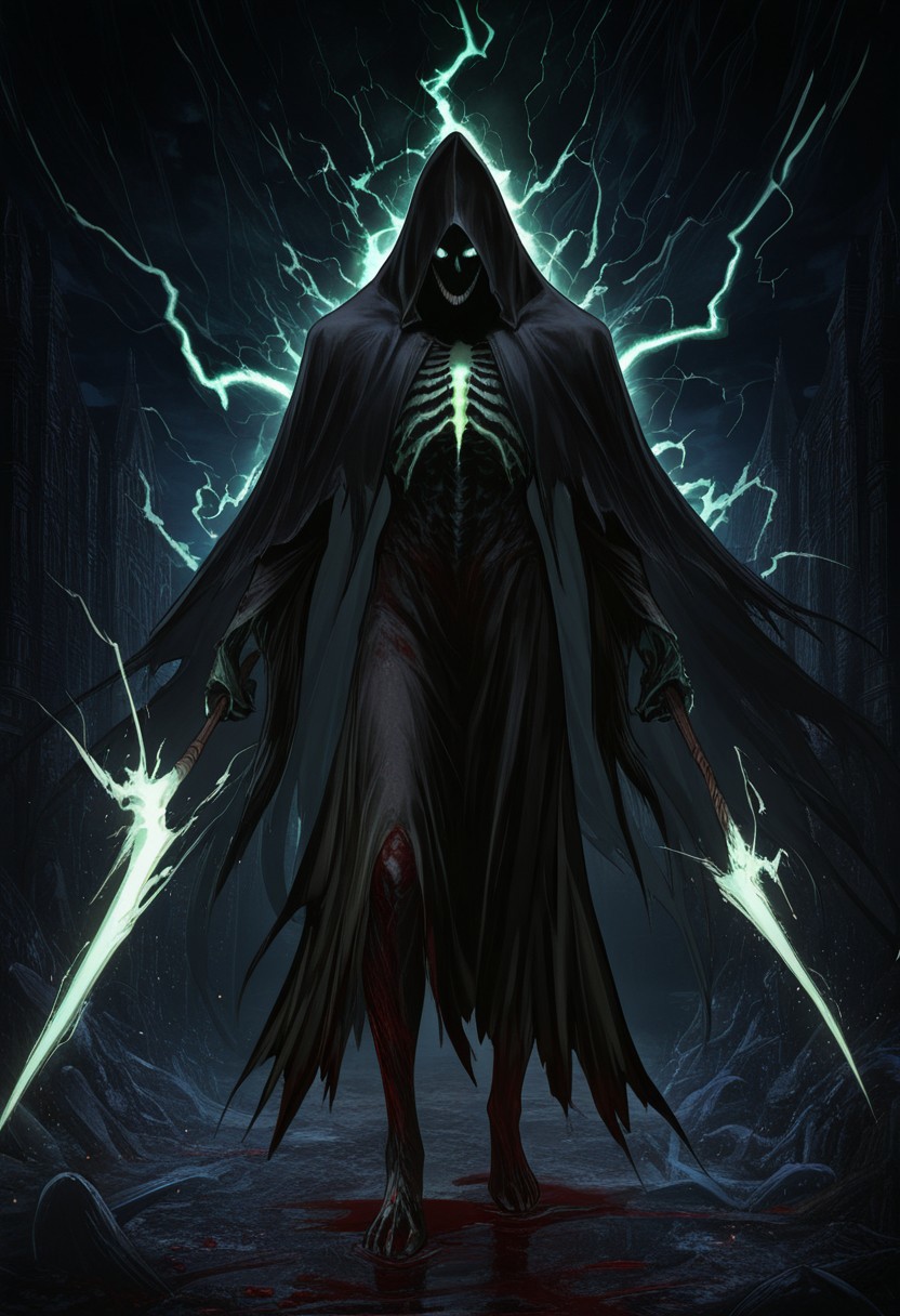 MASTERPIECE, AMAZING QUALITY, 3NDL3SS, DARK, BLOODY, GRIM REAPER, GREEN LIGHTNING, UNDERWORLD, LIGHT PARTICLES