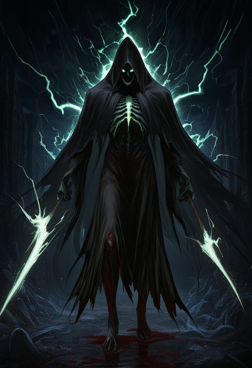 MASTERPIECE, AMAZING QUALITY, 3NDL3SS, DARK, BLOODY, GRIM REAPER, GREEN LIGHTNING, UNDERWORLD, LIGHT PARTICLES