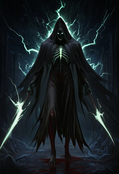 MASTERPIECE, AMAZING QUALITY, 3NDL3SS, DARK, BLOODY, GRIM REAPER, GREEN LIGHTNING, UNDERWORLD, LIGHT PARTICLES