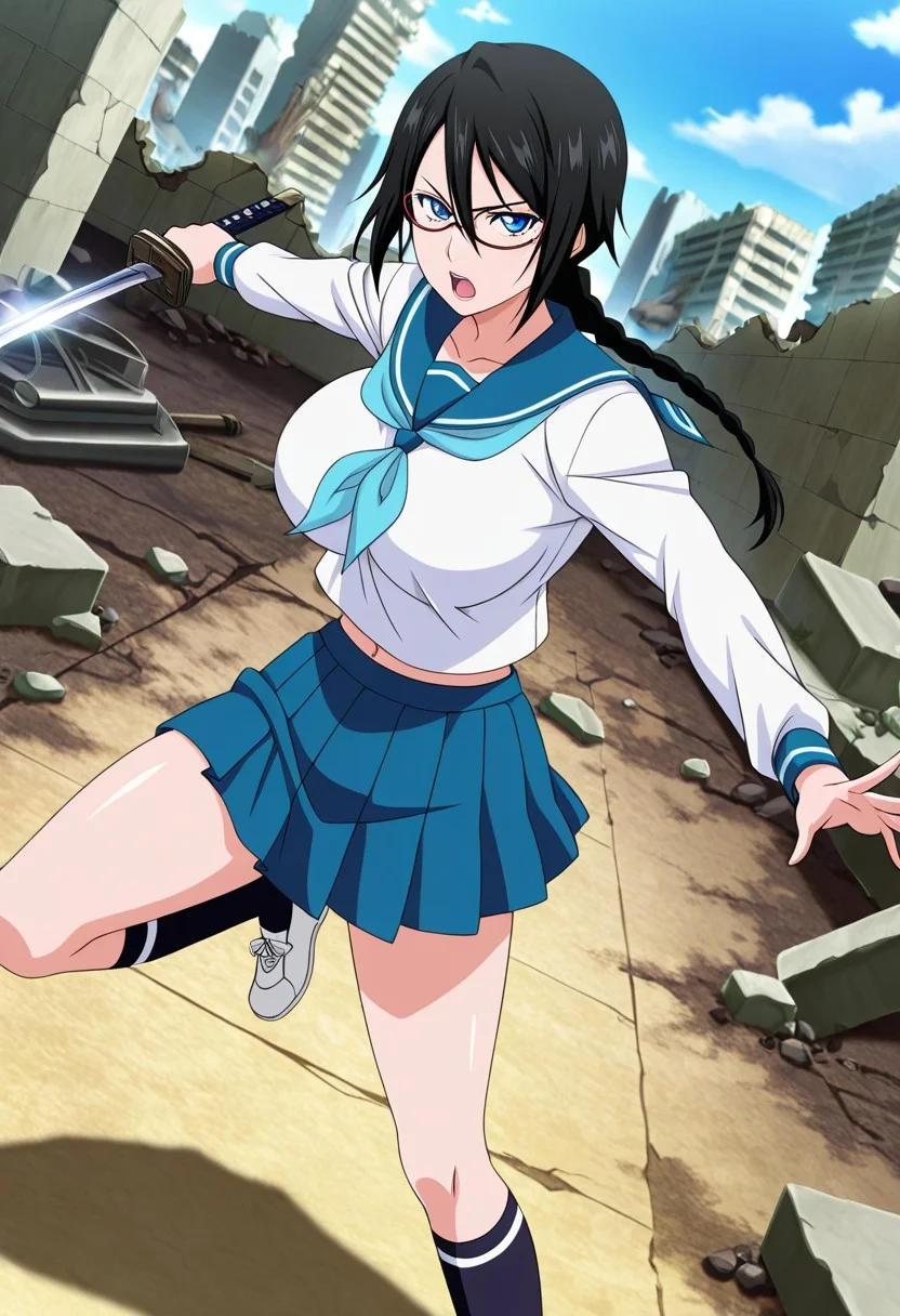 general,highres, ultra-detailed,very aesthetic,best quality ,best hands,best eyes,easynegative,
dynamic anglre, dutch angle, anime cloring,anime screencap,
1girl solo,looking at viewer,ruins,holding katana,open mouth, fighting,
Risa Yadoumaru,black_hair, single braid,blue_eyes, huge_breasts, glasses,school uniform, navel,