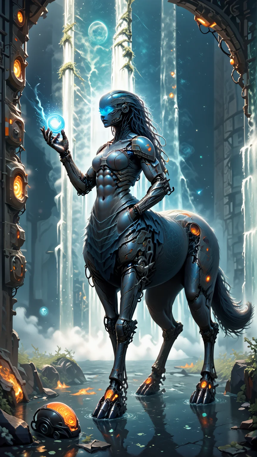 score_9, score_8_up, score_7_up, score_6_up, <lora:CentaurPDXL:1> centaur, wolf centaur, Nebula Blue glossy plastic skin, cyborg woman, blue robot face, bald, robotic cyborg eye, looking menacing, Illusion Mage, (grinning:0.3), in location: fire waterfall, full body, One Hand in Pocket