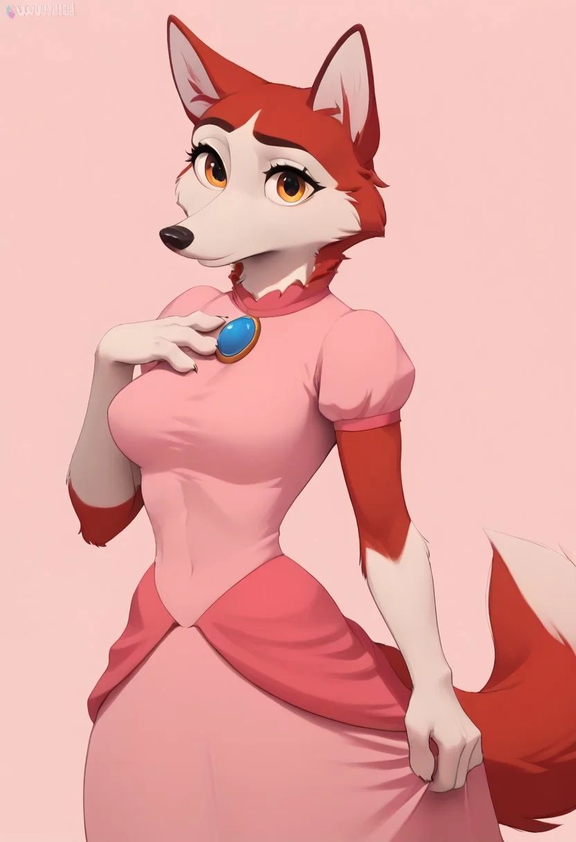 anthro furry female Jenna,canine,by Cooliehigh,medium breast, solo, portrait,good hand, four fingers,((p34ch3s-dress,pink dress)),((pink clothes)),(red fur),abstract background, elegant background,standing,skinny, looking at viewer, fur body,realistic style, complex background,milf,sexy pose,canine tail,orange eyes,big eyes,cartoon eyes,score_9,score_8,score_7,score_8_up,score_7_up,score_6_up,