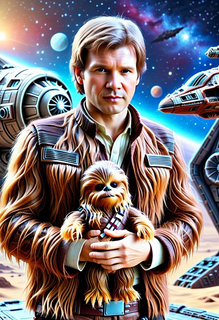 Han Solo holding a mini baby Chewbacca made of w00kiee, Space ship background, vibrant, photography, high quality, detailed, realistic