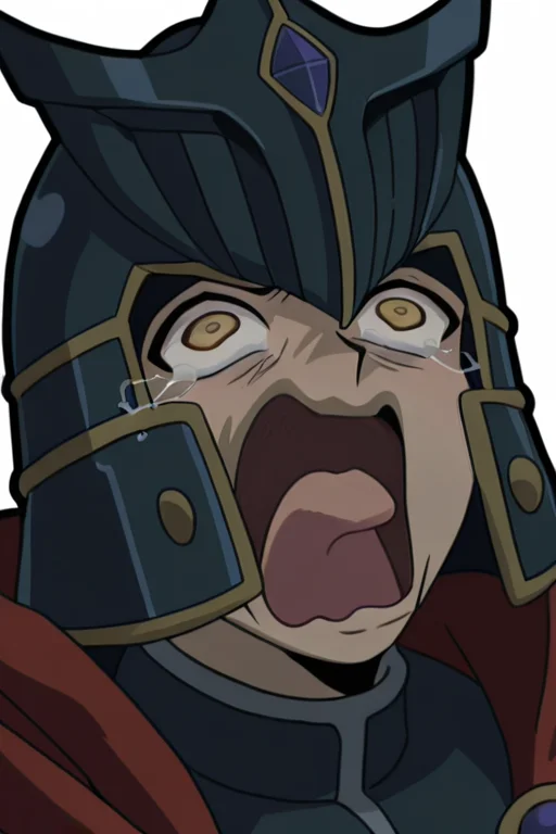 1boy,  looking at viewer,  yellow eyes, 
Supre2meGXKing,black helmet, black armor,red cape,  <lora:supreme_kinh:0.8> <lora:crying-aqua-illustriousxl-lora-nochekaiser:1>  crying aqua, crying aqua (meme), screaming, crying, crying with eyes open, tears, tongue, open mouth,, masterpiece, high quality, absurdres, best quality, very aesthetic, newest, ,