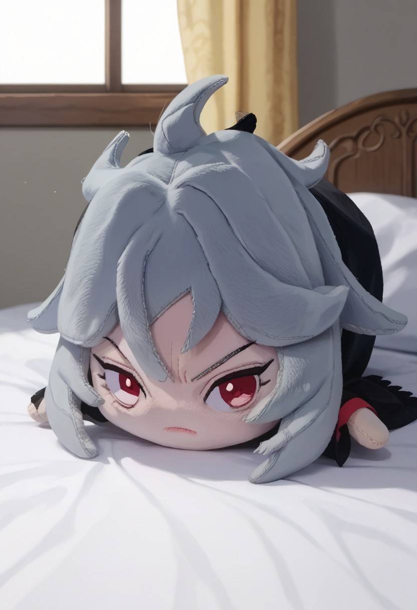 zPDXL3, score_9_up, score_8_up, score_7_up, (Anime_source), haunted bean plushie, Mara, red eyes, grey hair, long hair, looking at viewer, bed, indoor, sunlight