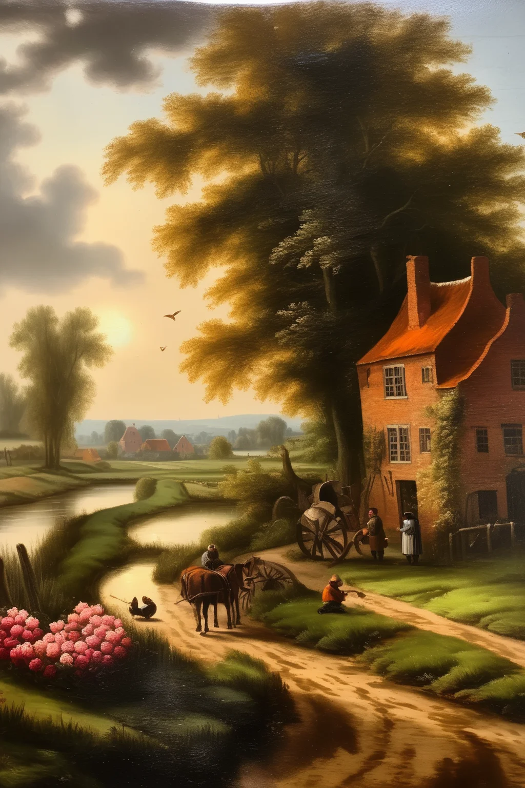 <lora:Salomon van Ruysdael Style:1>Salomon van Ruysdael Style - A painting of a picturesque landscape that seems to come straight from the golden age of the Netherlands. Let me describe to you a scene that captures the beauty and charm of that time. The sun is high in the sky, casting its golden light on a lush landscape stretching out before us. Rolling hills and vast meadows stretch to the horizon, interrupted only by picturesque canals that crisscross the land and delight the eye with their clear, calm waters. An imposing windmill wheel rises majestically into the sky. Its blades slowly turn in the warm wind while it gently whirs its work in the background. The sound of the clattering mill wheel blends with the chirping of birds and the distant laughter of children playing nearby. In the midst of this idyllic picture stretches a picturesque village. Thatched houses with characteristic gable shapes and pastel-colored facades nestle closely together. Some of the buildings are entwined with green climbing plants that decorate the whole village with their lush greenery. The windows are decorated with colorful flower boxes, where geraniums and petunias are in full bloom. On the streets of the village walk cheerful people dressed in traditional clothes of the golden age. Women in long wrapped dresses and hoods stroll with their baskets full of fresh flowers and fruits. Men in black hats and elegant frock coats leisurely ride their bicycles or walk with sticks in their hands. Some residents sit on the banks of the canals fishing, while others glide across the calm waters in their boats. Their reflections stand out clearly, leaving the feeling of peace and harmony floating in the air. The landscape is adorned with a multitude of flowers. Colorful fields of tulips stretch along the meadows, like a colorful carpet that delights the eye