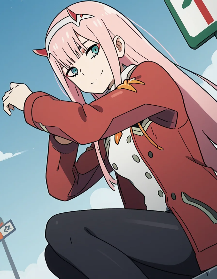 score_9, score_8_up, score_7_up, source_anime, <lora:zero-two-s1-ponyxl-lora-nochekaiser:1>, zero two, zero two \(darling in the franxx\), green eyes, hairband, horns, long hair, pink hair, red horns, white hairband,, jacket, leggings, red jacket, white footwear,, bus stop, waiting, commuter, smartphone, checking time, cold morning, smile, , arm out, knee up, hand open, solo,, cowboy shot, dutch angle