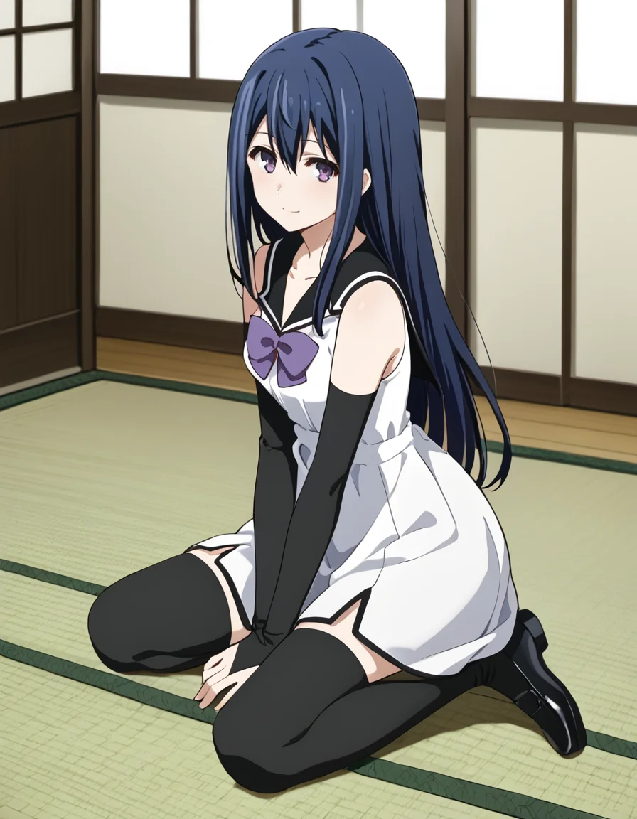 score_9, score_8_up, score_7_up, source_anime, BREAK
1girl, solo, looking at viewer, gradient background, from side, indoors, light smile, tatami, 
neko kuroha, blue hair, long hair, hair between eyes, sidelocks, purple eyes, seiza, wariza, 
school uniform, collarbone, white dress, black collared dress, purple bow, bare shoulders, black arm sleeves, black thighhighs, black footwear,
<lora:neko_kuroha_anime-soralz:1>