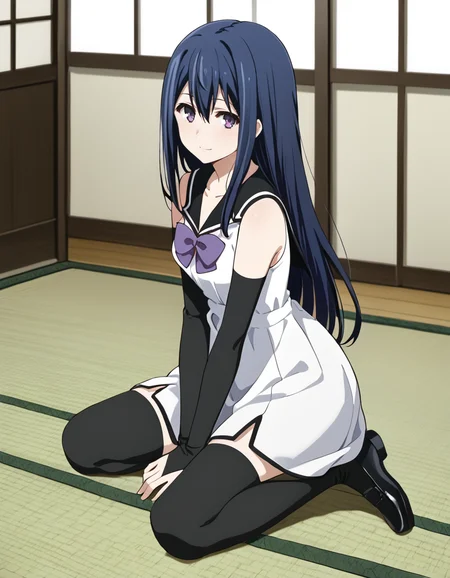 score_9, score_8_up, score_7_up, source_anime, BREAK
1girl, solo, looking at viewer, gradient background, from side, indoors, light smile, tatami,
neko kuroha, blue hair, long hair, hair between eyes, sidelocks, purple eyes, seiza, wariza,
school uniform, collarbone, white dress, black collared dress, purple bow, bare shoulders, black arm sleeves, black thighhighs, black footwear,
<lora:neko_kuroha_anime-soralz:1>