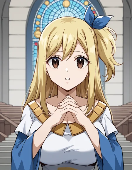 score_9, score_8_up, score_7_up, source_anime, lucyheartfilia, <lora:lucy-heartfilia-s7-ponyxl-lora-nochekaiser:1>, lucy heartfilia, blonde hair, brown eyes, long hair, one side up, ribbon, hair ribbon, blue ribbon, large breasts,, <lora:buddhist-nun-ponyxl-lora-nochekaiser:1>, buddhist nun, nun, habit, vitakra mudra, mudra, coif, gold necklace, priestess,, church, parted lips, praying,, cowboy shot