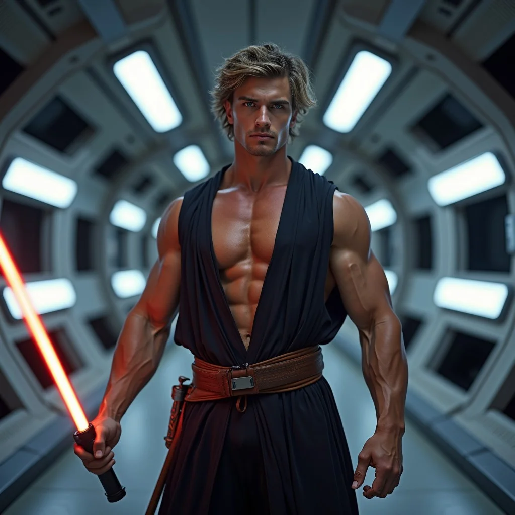 a zoomed out shot of a beautiful 18yo male bodybuilder Cassian Andor wearing a sleeveless robe that has a deep plunging neckline that shows his massive pecs and deep cleavage and his rippling abdominals, his arms are bare, he is holding a light saber that glows black with both hands standing in a futuristic spaceship, full body shot, cover model looks, skin details, ultrarealistic, hyperdetailed photography, bright blue eyes, medium length hair in a messy style, vibrant lighting, bulging muscles, glossy tan muscles arrogant swagger, his waist is narrow, narrow hips, one arm raised out to the side while he flexes huge biceps
