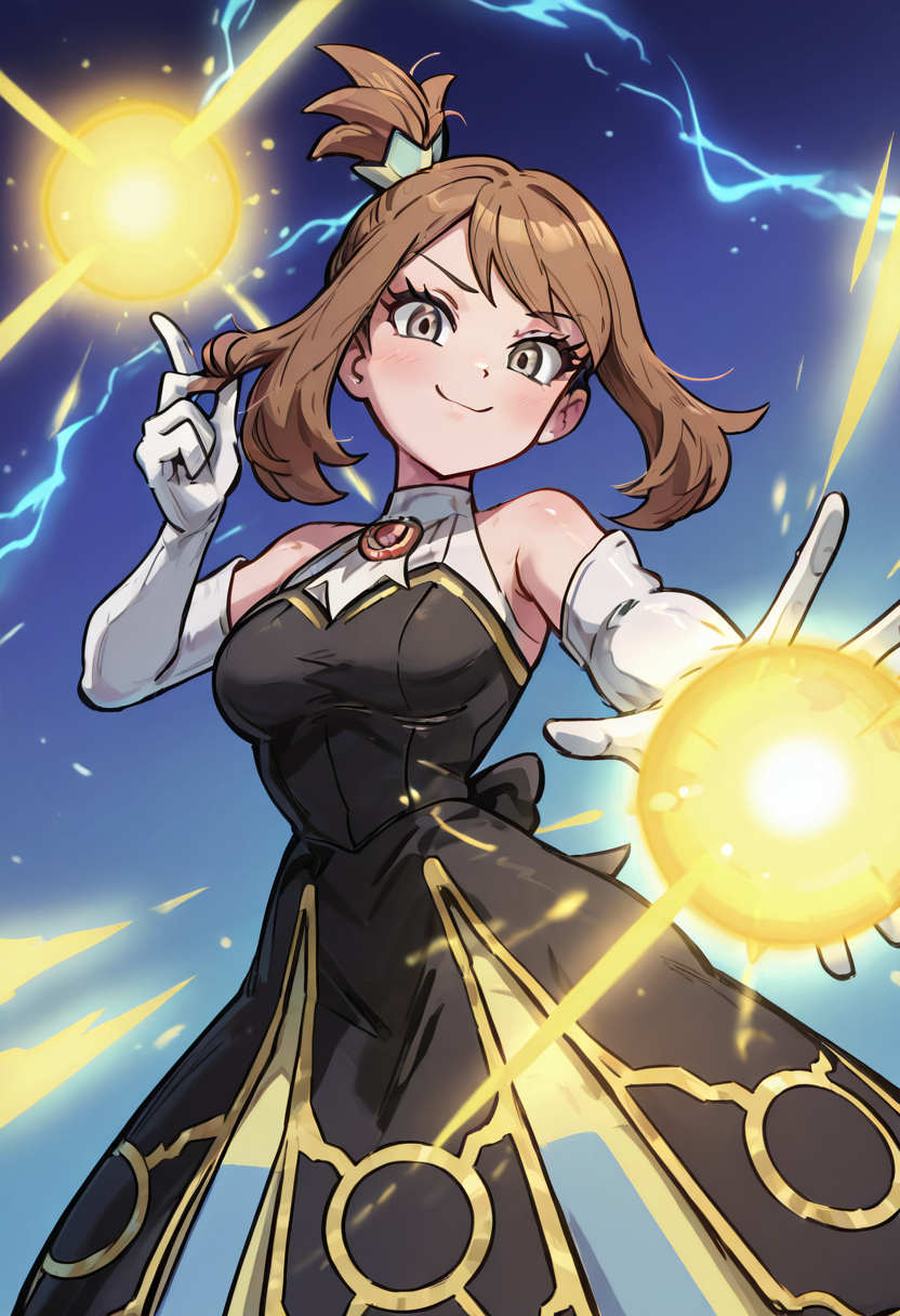 masterpiece, best quality, 1girl, eyelashes, (beautiful eyes), looking at viewer, smile, narrow waist, wide hips,   zzMayCh, grey eyes, brown hair, medium hair, hair ornament, elbow gloves, white gloves, black dress, eyelashes, sleeveless dress, multicolored dress, solo, ballroom background, twirling pose, sparkling lights, elegant atmosphere â Under the glittering chandeliers, zzMayCh twirls gracefully, her multicolored dress flaring out, eyelashes fluttering as she shines in the grandeur of the ballroom. (dynamic pose, foreshortening),  ,<lora:MayChampionPokemon_IXL:1.0>,  ,vivid aura, looking at viewer, blue background, smug, aura, super saiyan, charging energy, energy ball, energy, lightning, <lora:DBSBroly_Style_IXL_v2:0.6>,
