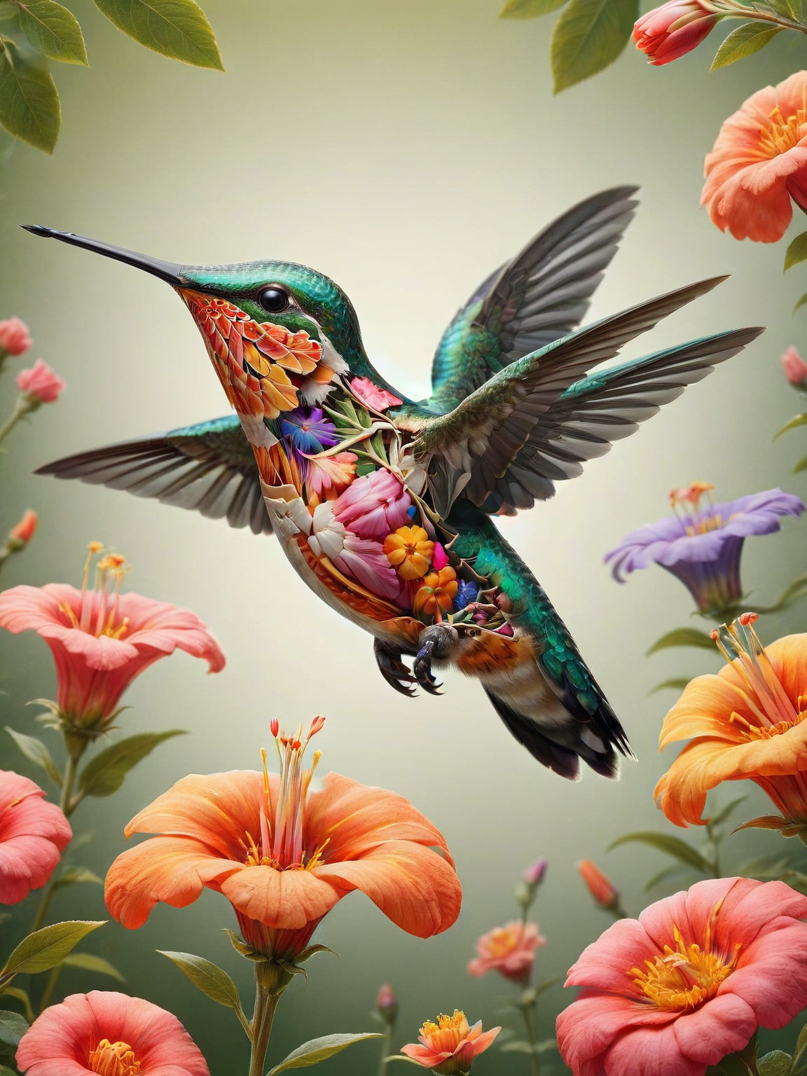 ais-xsection hummingbird, hovering near a colorful array of blooming flowers in a lush garden <lora:Cross_Section_Style_SDXL:1>
