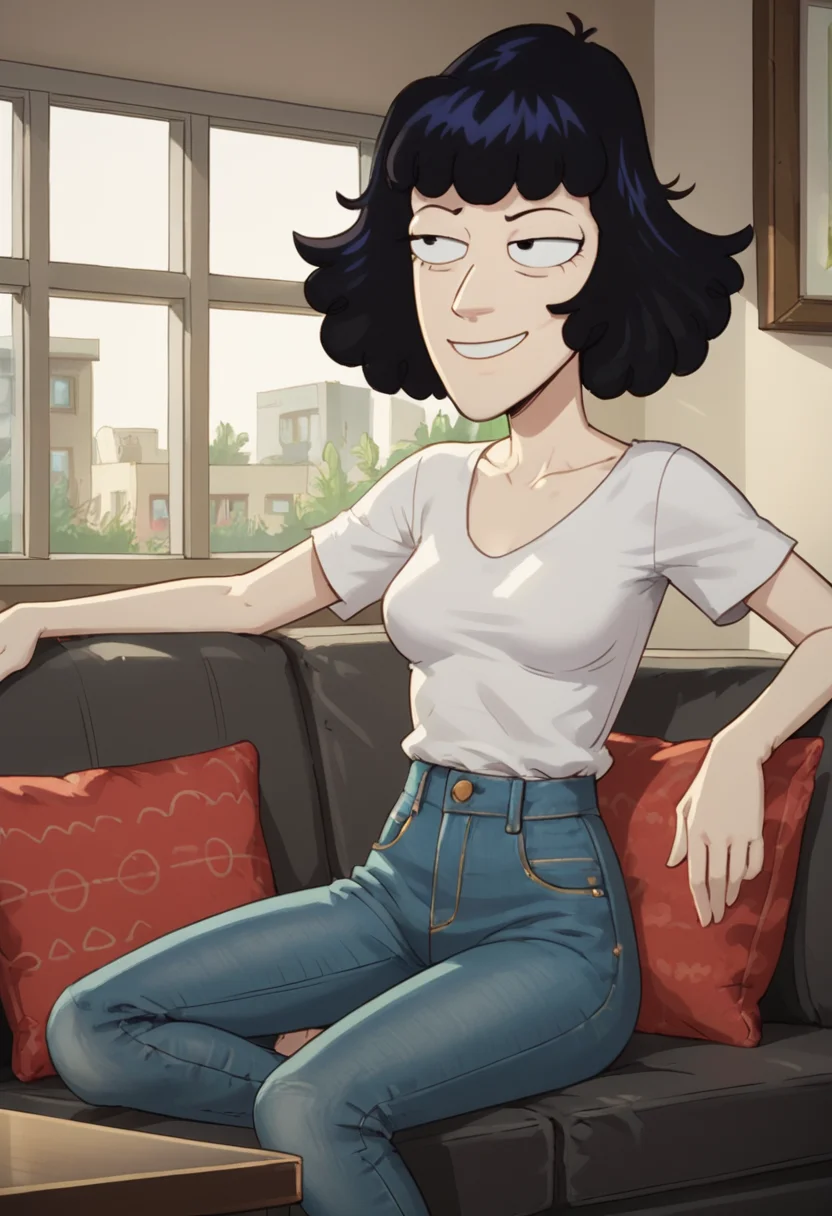 score_9, score_8_up, score_8, sitting on couch, living room, window, <lora:Ms._Frankie_Solar_Opposites_for_PonyXl:0.8> 1girl, msf4nk1e, black hair, solo, smile, blouse, jeans,