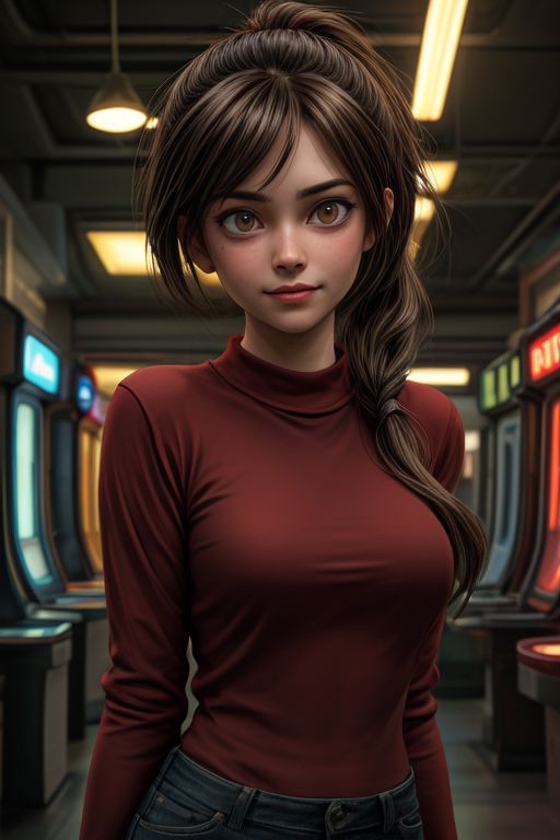 Elliot 2, green eyes, brown hair, low ponytail, 
Red shirt, dirty clothes, long sleeves, 
Upper body, standing, smiling, 
arcade room, neon lamps, night,
looking at the viewer,
(insanely detailed, beautiful detailed face,beautiful detailed eyes, masterpiece, Best quality), One,