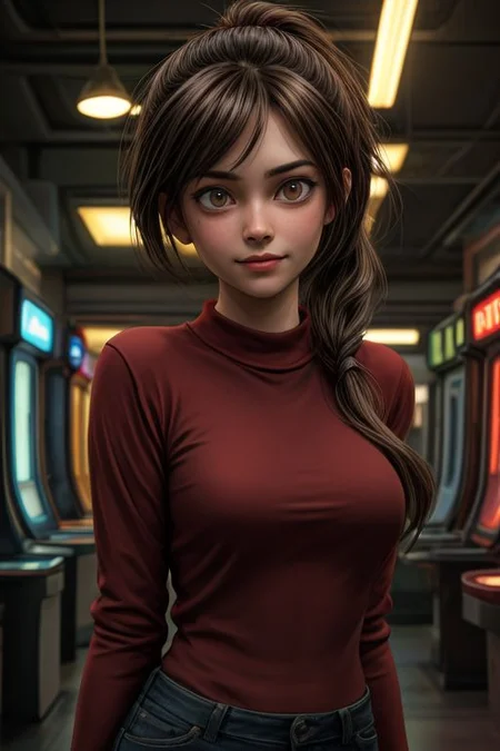 Elliot 2, green eyes, brown hair, low ponytail,
Red shirt, dirty clothes, long sleeves,
Upper body, standing, smiling,
arcade room, neon lamps, night,
looking at the viewer,
(insanely detailed, beautiful detailed face,beautiful detailed eyes, masterpiece, Best quality), One,