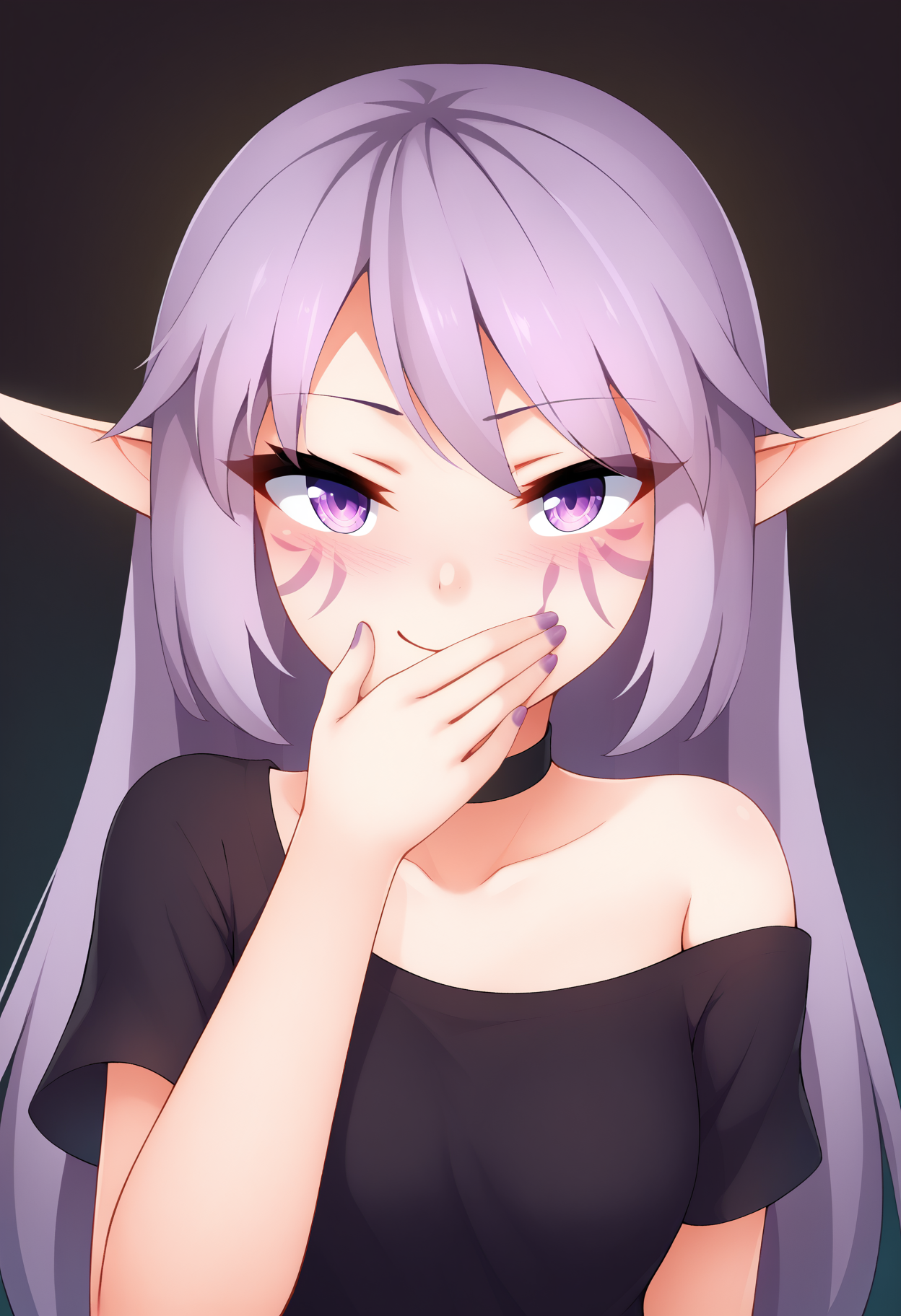 score_9, best quality, masterpiece, uncensored, source_anime
BREAK
kaleina (ricegnat), 1girl, black choker, elf, facial mark, long hair, pointy ears, purple eyes, purple hair, black background, looking at viewer, nail polish, simple background, upper body, covering mouth, smug, laughing, blush, black shirt
<lora:ricegnat_pony_v2:1>