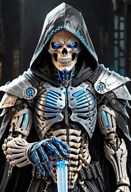 close up, Cyborg Assasin, black Hooded cape, (metalic hand), (Pointing Finger At Viewer)