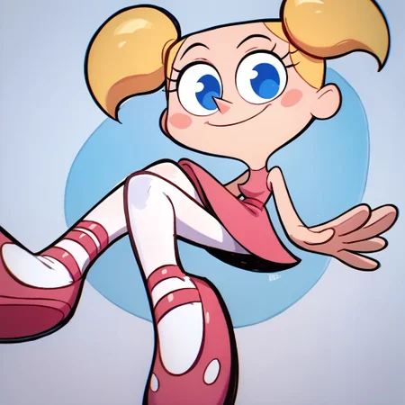 score_9, score_8_up, score_7_up BREAK DeeDeeDL, 1girl, blonde pigtails, blue eyes, sleeveless pink dress, white tights, pink ballet shoes, smiling at viewer, solo, solo focus,