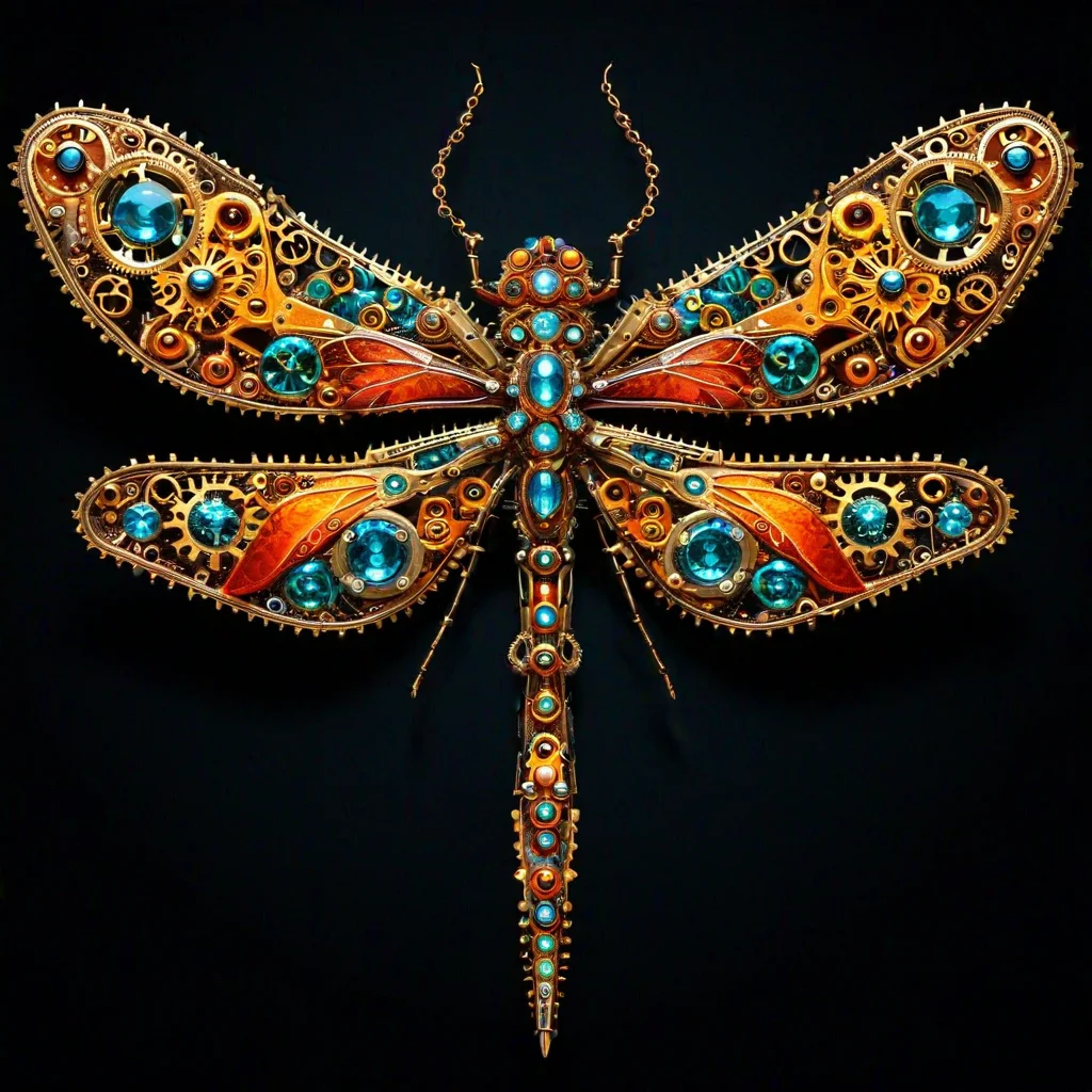 sfw, dynamic splashes, bright colors, high contrast, a cybernetic dragonfly made of roast gears bejeweled , hyperdetailed, photorealistic,<lora:challenge\gearstyle-000001.safetensors:0.8500000000000002:0.8500000000000002>
