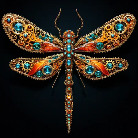 sfw, dynamic splashes, bright colors, high contrast, a cybernetic dragonfly made of roast gears bejeweled , hyperdetailed, photorealistic,<lora:challenge\gearstyle-000001.safetensors:0.8500000000000002:0.8500000000000002>