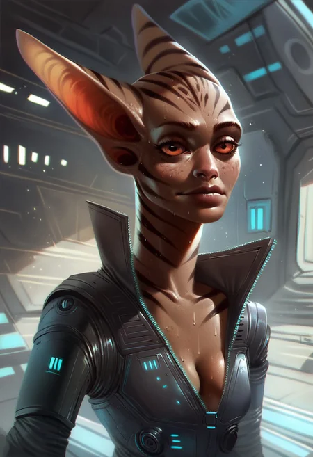 score_9, score_8_up, score_7_up, score_6_up, score_5_up, score_4_up, solo, cute alien girl engineer, long ears, (big evil eyes) , stripes, cute ,pupilless , close up, half closed eyes, wearing futuristic jumpsuit, dirty skin, skinny, engine room of a spaceship, detailed background, medium chest, indoor,(from behind), presenting her back, looking at viewer, sweating, holographic terminals, cleavage
<lora:ToraFurry_XL_PonyV6_p1-t1:0.5>